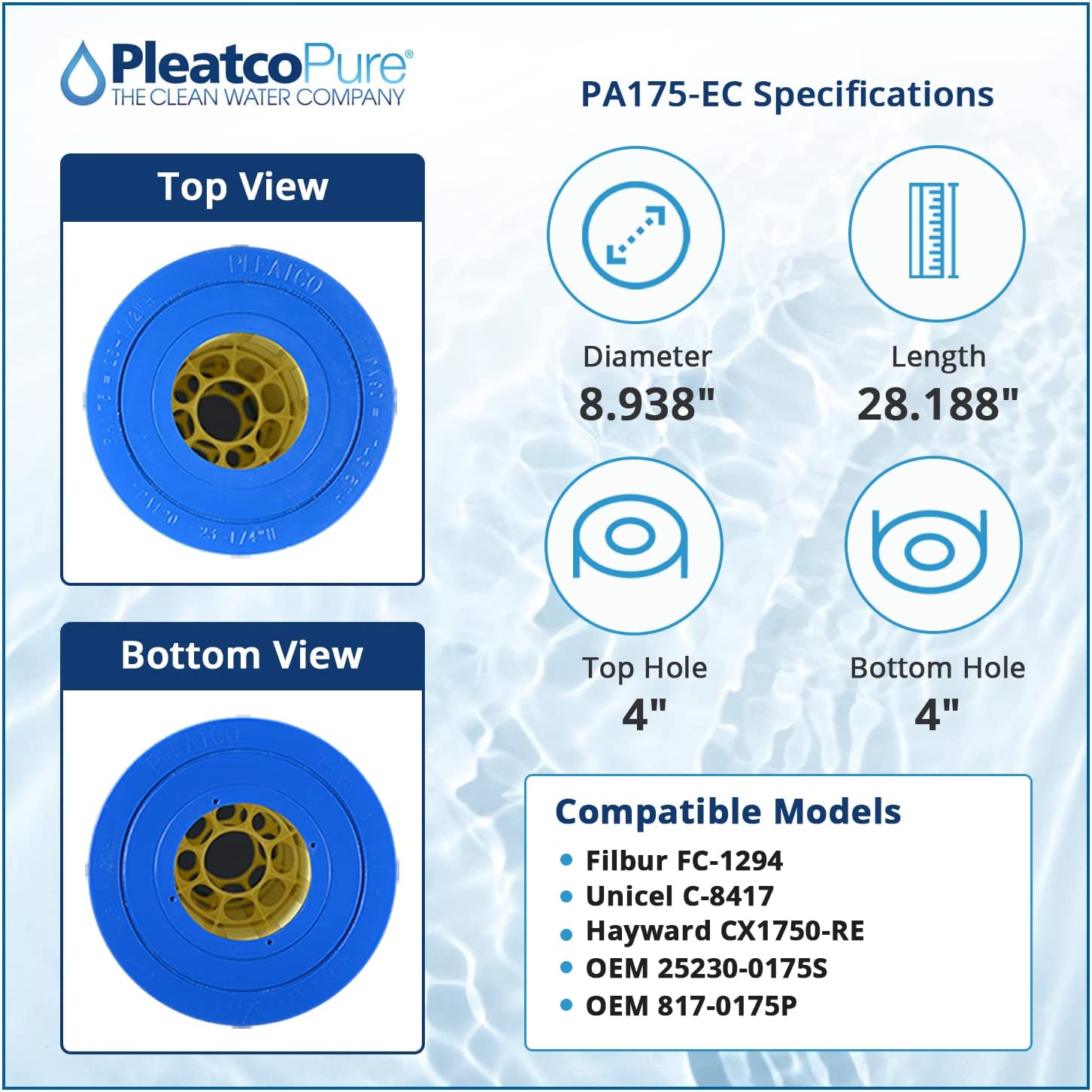 Pleatco PA175 175 sq ft filter cartridge, front view