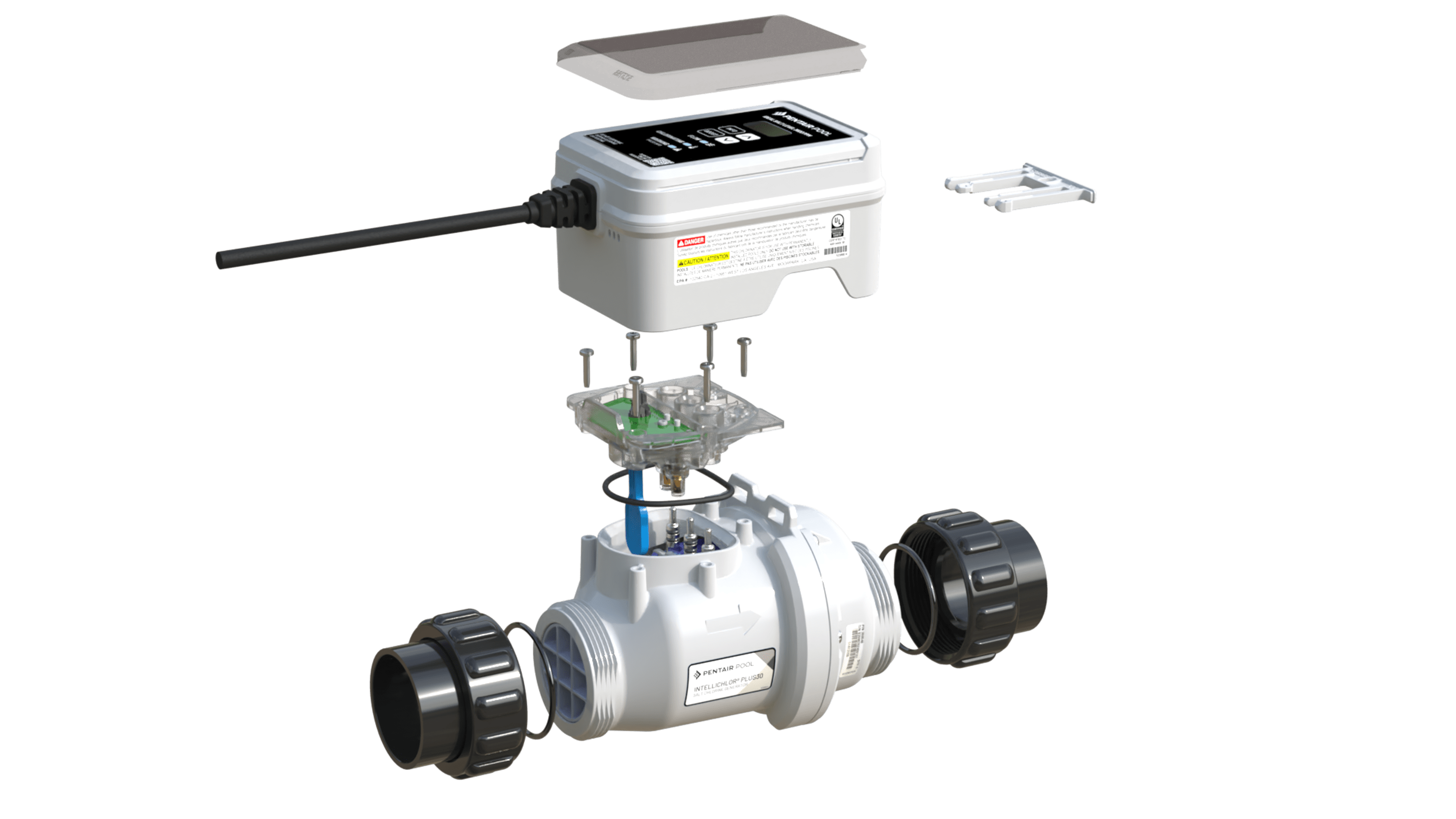 Pentair IntelliChlor Plus40 exploded view showing the separate controller, sensors and cell