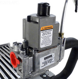 Raypak 010410F burner tray assembly showing the gas valve connection