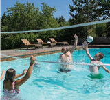 S.R. Smith S-VOLY salt pool volleyball game in use with the net set across a pool