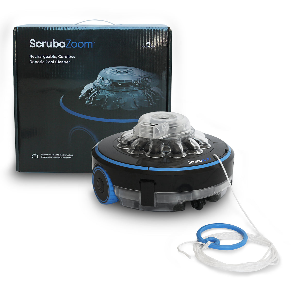 Aquamoto Scrubo Zoom cordless pool cleaner, angled view