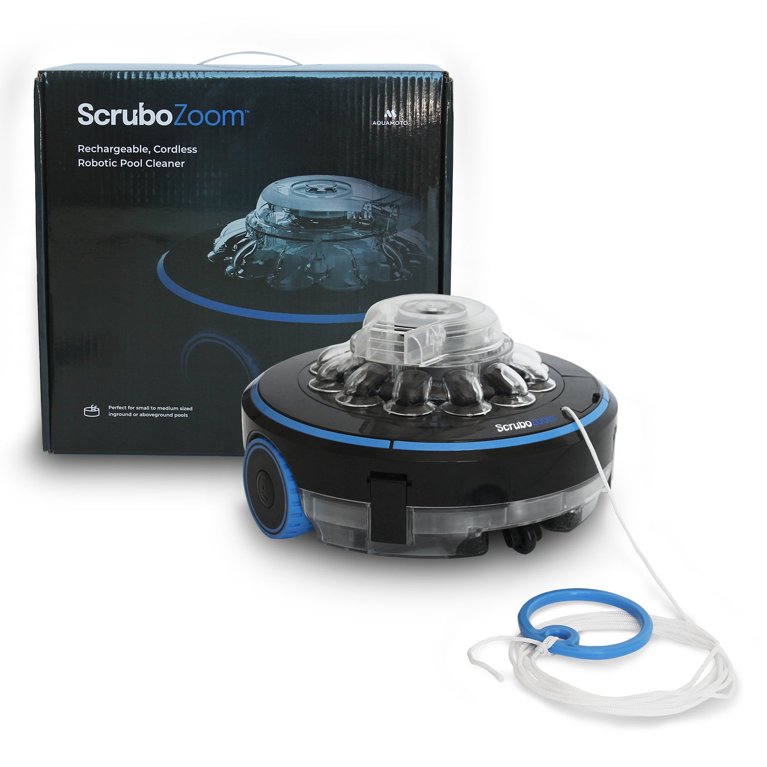 Aquamoto Scrubo Zoom cordless pool cleaner, angled view