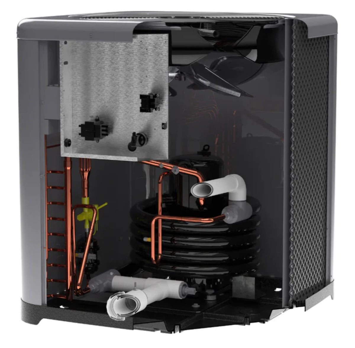 Raypak WeatherKing TWPH-6560EHT01 cutaway view of the heat exchanger and coil