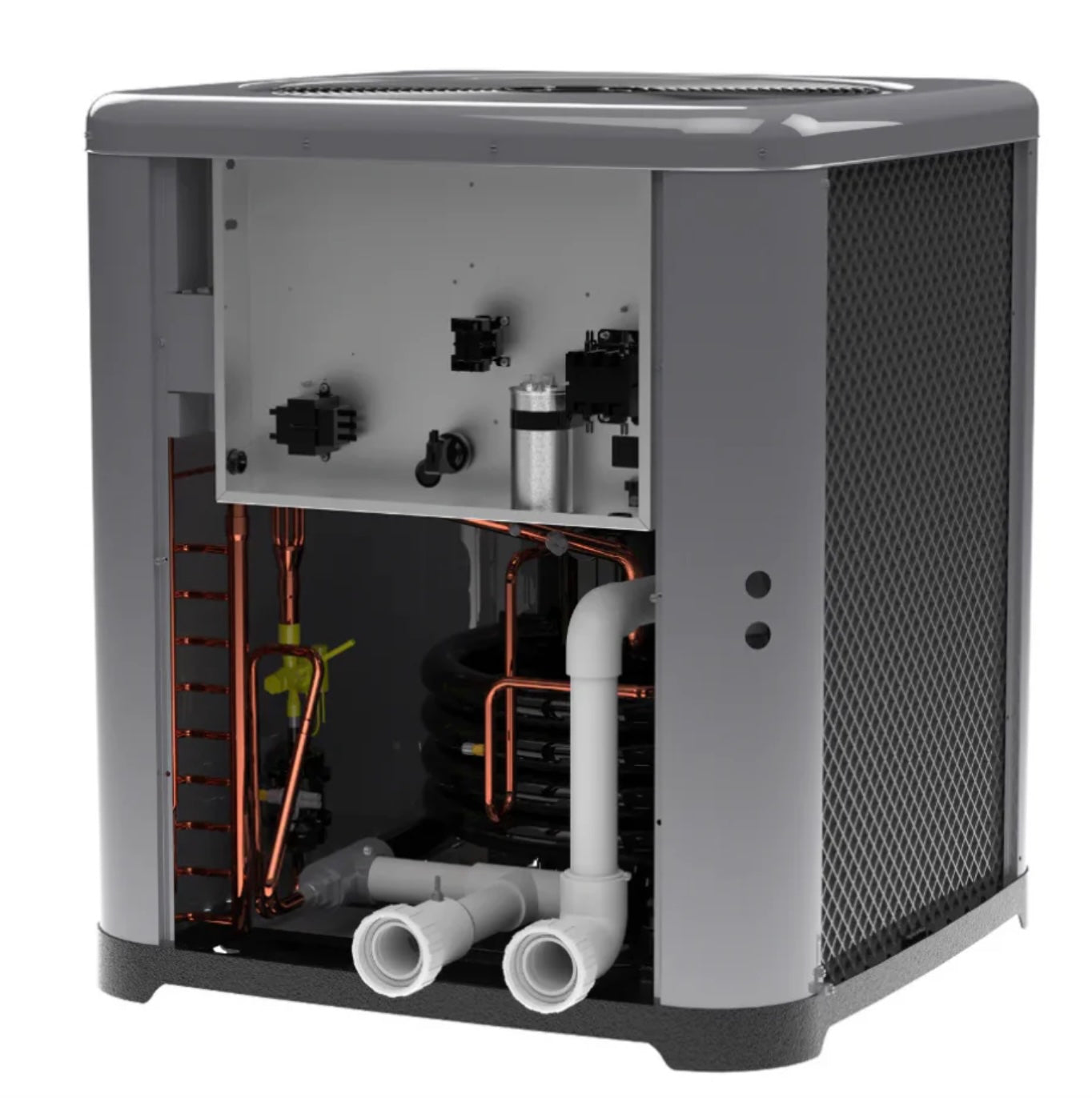 Raypak WeatherKing TWPH-6560EHT01 with the cabinet open, showing internal components