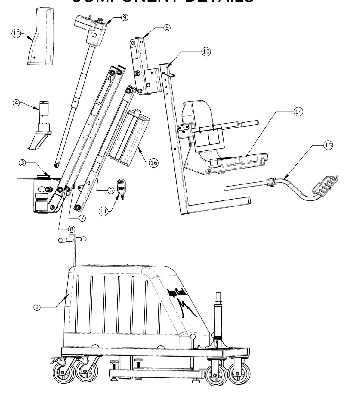 Aqua Creek Mighty Voyager Portable Pool Lift exploded parts diagram with numbered keys