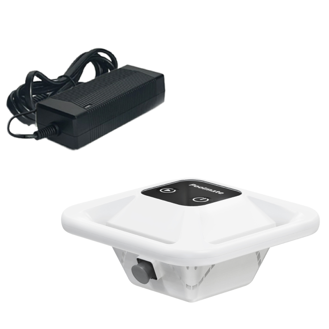 Poolmate Hydro 4 floating battery shown with its charger