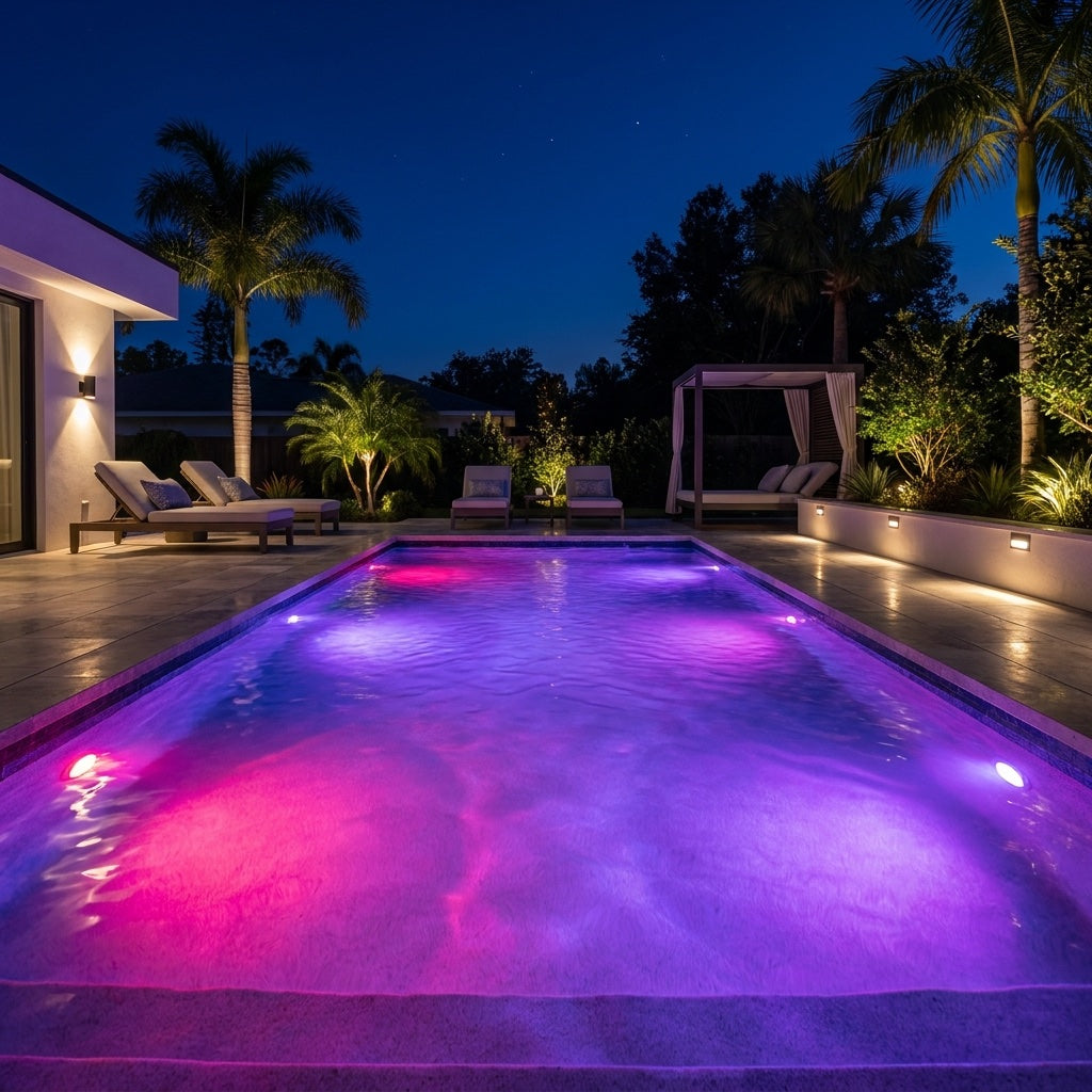 A pool lit up at night by color changing lights