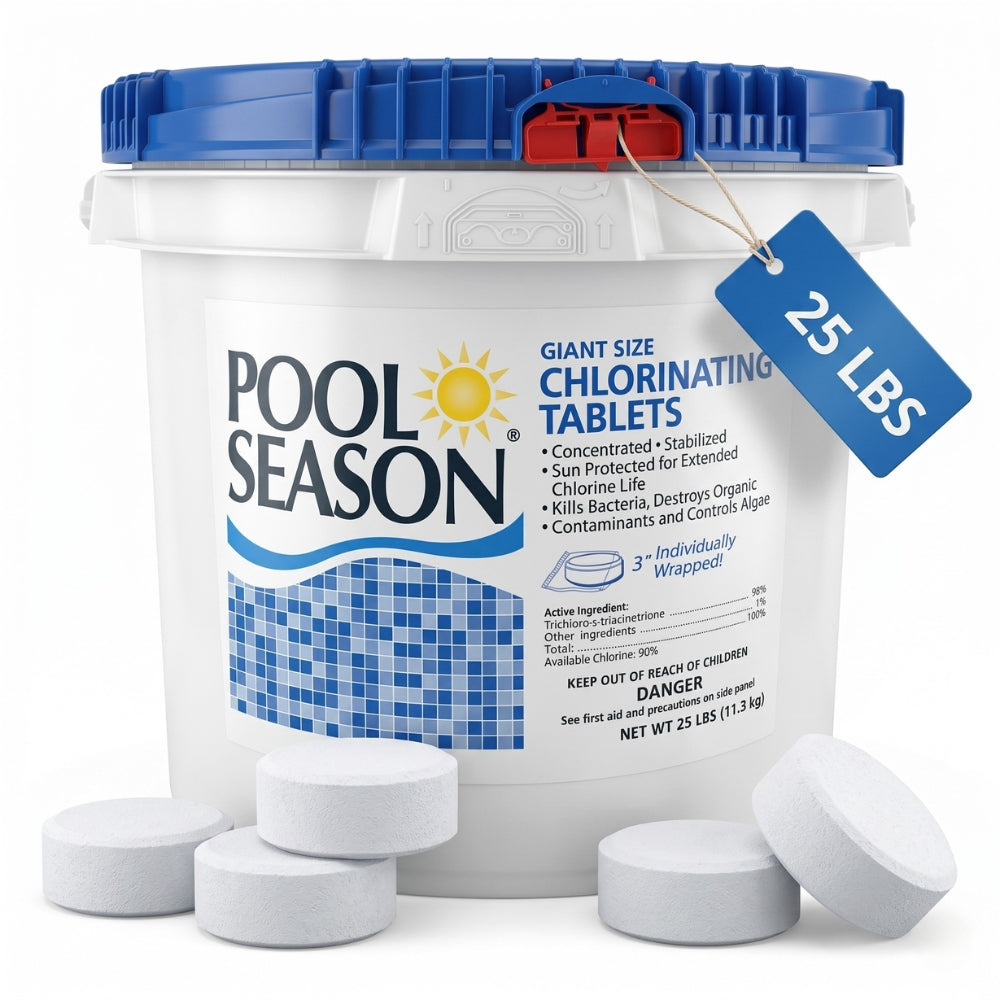 Pool Season 3 inch jumbo chlorinating tablets, 25 lb bucket with loose tablets
