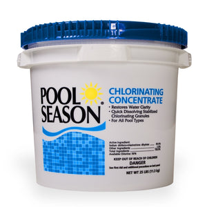 Pool Season chlorinating concentrate sanitizer and shock, 25 lb bucket