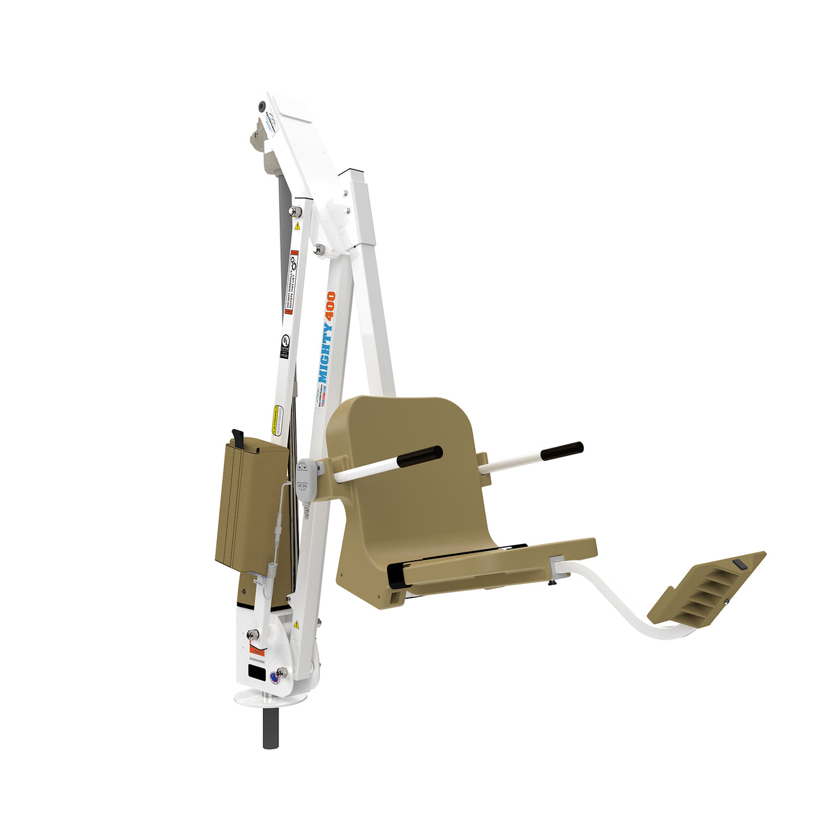 Aqua Creek Mighty 400 pool lift F-MTY400-T, white powder coat frame with a tan seat