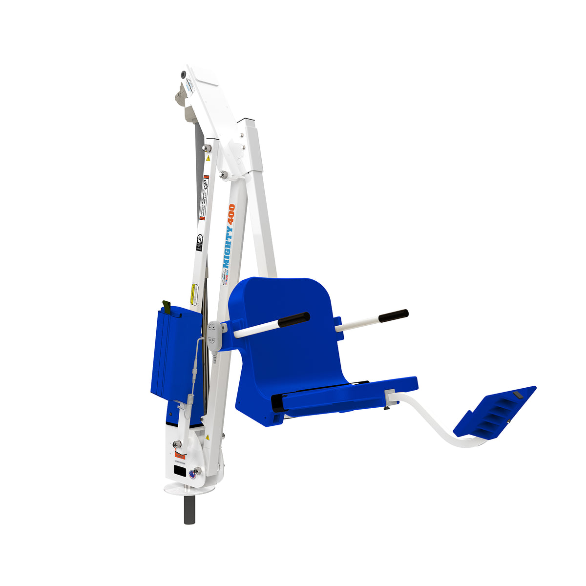 Aqua Creek Mighty 400 pool lift F-MTY400, white powder coat frame with a blue seat