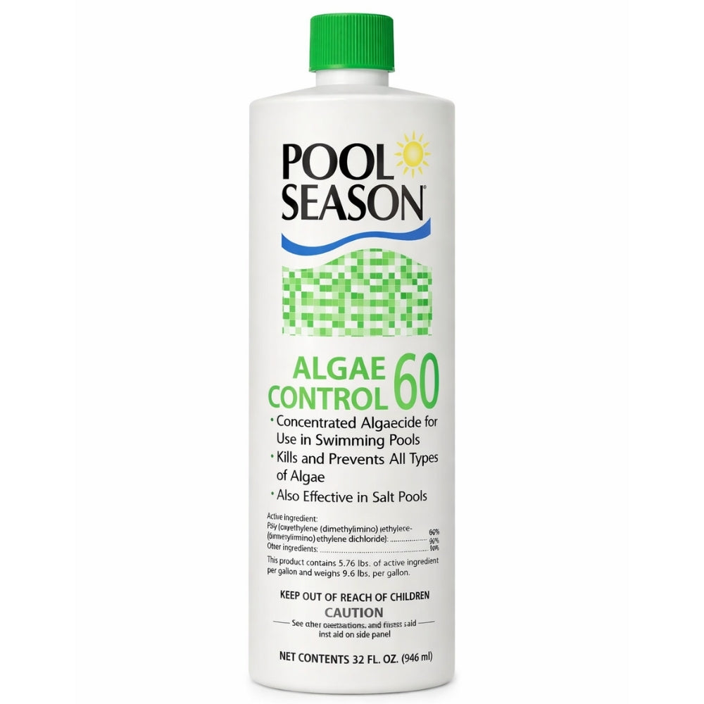 Pool Season Algae Control 60 polyquat algaecide, 32 oz quart, front of bottle