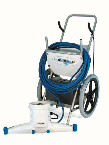 Hammerhead Resort-30 portable pool vacuum with 30 inch head on its aluminum cart