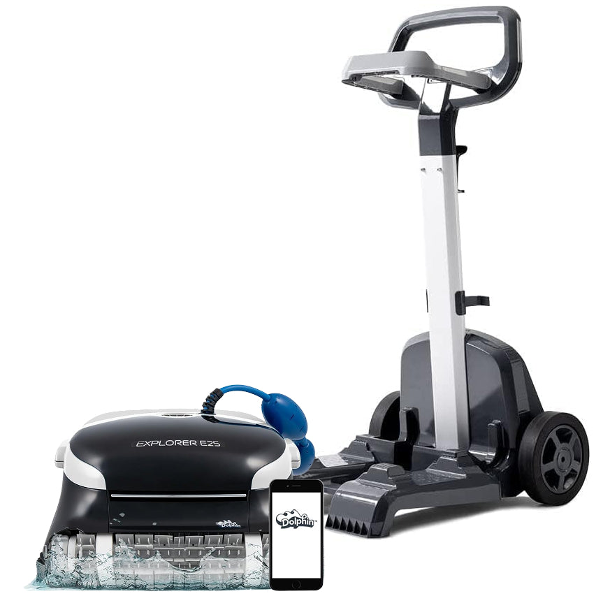 Maytronics Dolphin Explorer E25 robotic pool cleaner on its caddy