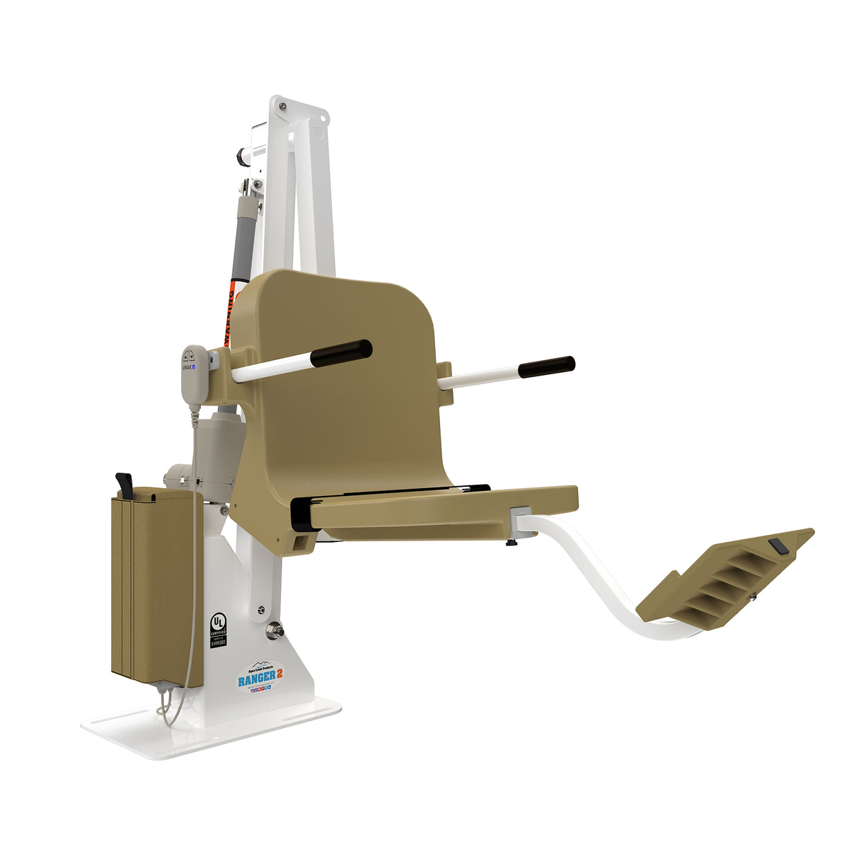 Aqua Creek Ranger 2 F-RNGR2-T white pool lift with a tan seat
