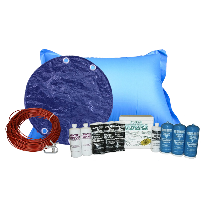 PoolTux Royal 27 foot round solid winter cover in blue on black on an above ground pool, bundled with a chemical closing kit and air pillow