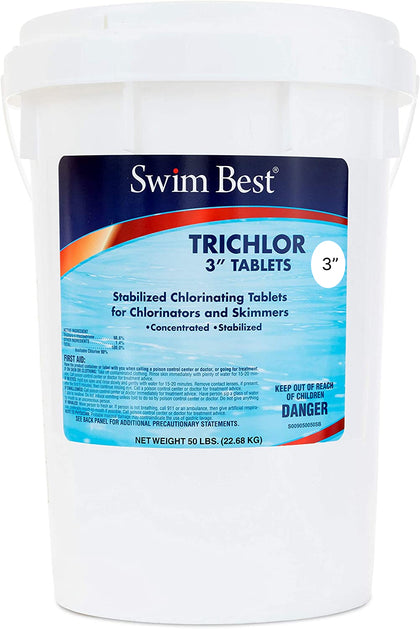 Swim Best 3 inch trichlor chlorine tablets, 50 lb bucket