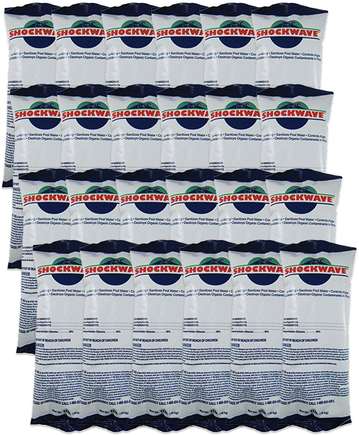 Case of 24 one pound bags of Shockwave 68% cal-hypo granular pool shock