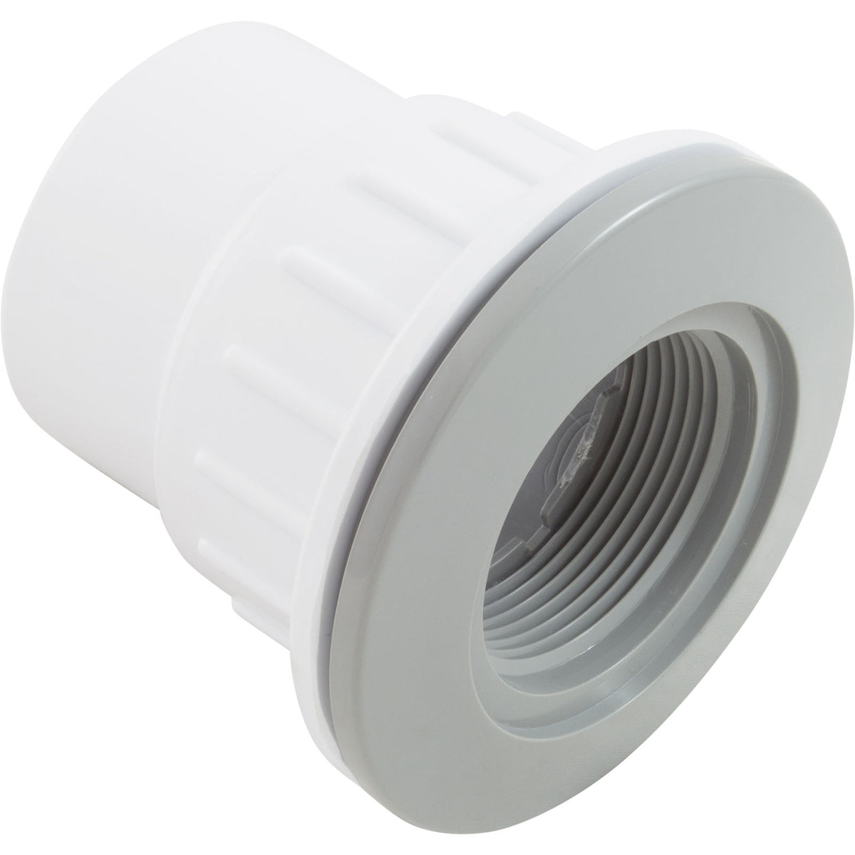 CMP 25523-501-100 gray fiberglass wall fitting, 1-1/2 inch socket by 2 inch spigot, with nut and gasket
