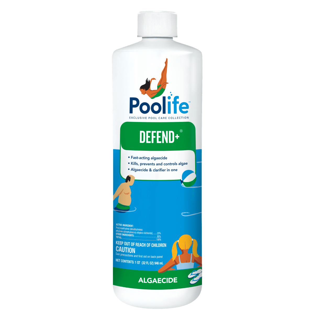 Poolife Defend+ non-foaming algaecide 1 quart bottle, product photo