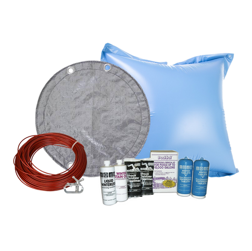 Solid winter cover bundle for a 15 ft round above ground pool with closing kit and air pillow