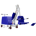 Aqua Creek Mighty Voyager F-VGRPL portable pool lift with blue seat on rubber casters