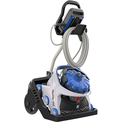 Hayward RCH651CUY AquaVac 650 robotic pool cleaner on its caddy cart
