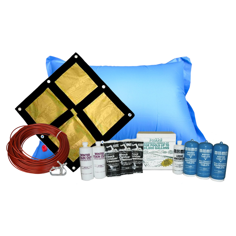 PoolTux Emperor 28' round solid winter cover bundle with chemical closing kit and air pillow