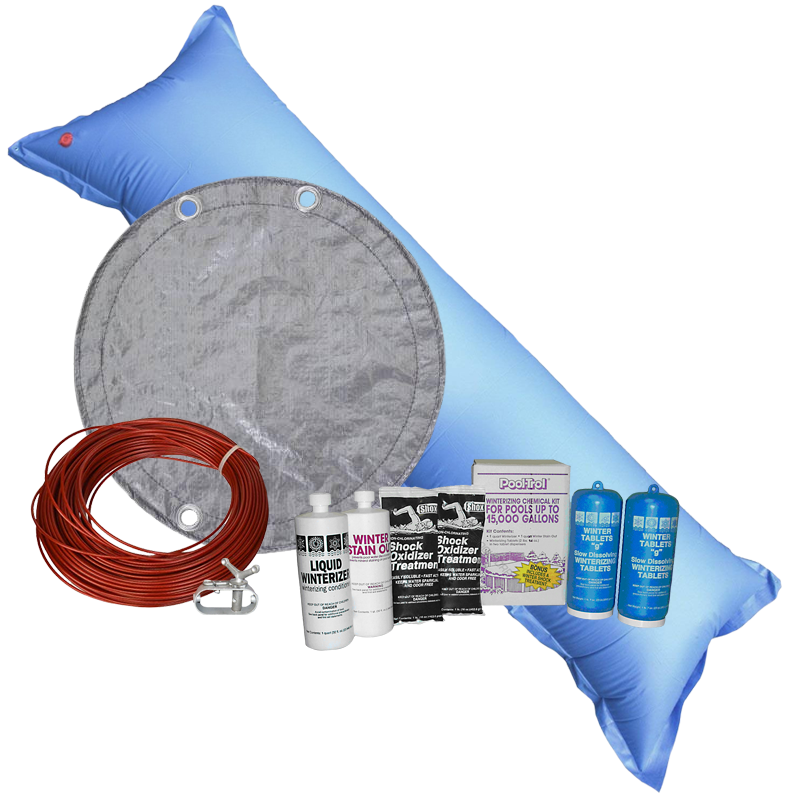 PoolTux King 12'x18' oval solid winter cover bundle with chemical closing kit and air pillow