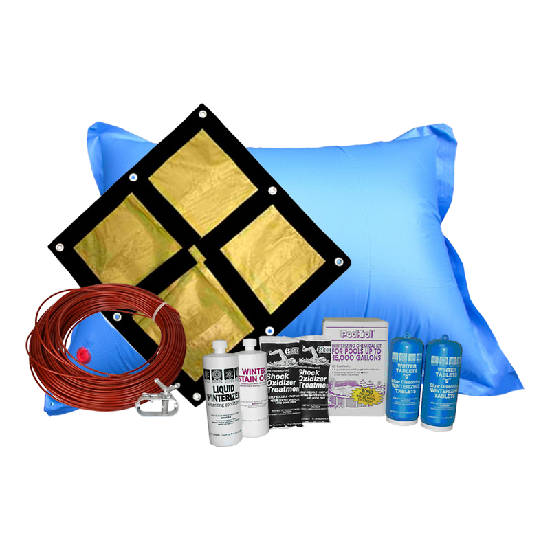 PoolTux Emperor 12'x24' oval solid winter cover bundle with chemical closing kit and air pillow
