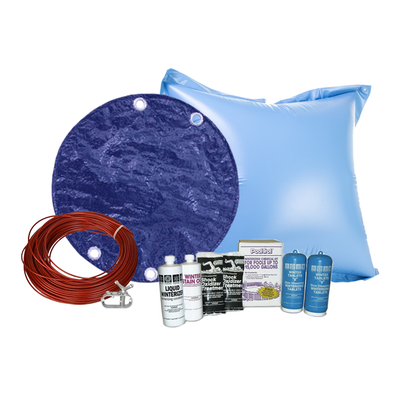 PoolTux Royal 18 foot round solid winter cover in blue on black on an above ground pool, bundled with a chemical closing kit and air pillow