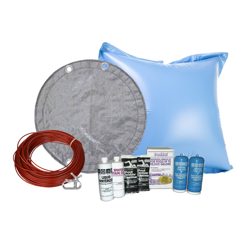 PoolTux King 12' round solid winter cover bundle: the winter cover, cable and winch, 15k chemical closing kit and 4' x 4' air pillow