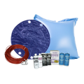 PoolTux Royal 16 foot round solid winter cover in blue on black on an above ground pool, bundled with a chemical closing kit and air pillow