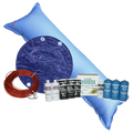 PoolTux Royal 15 by 30 foot oval solid winter cover in blue on black on an above ground pool, bundled with a chemical closing kit and air pillow