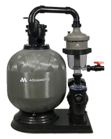 Aquamoto FullFlow plumbing system laid out across a pool pad