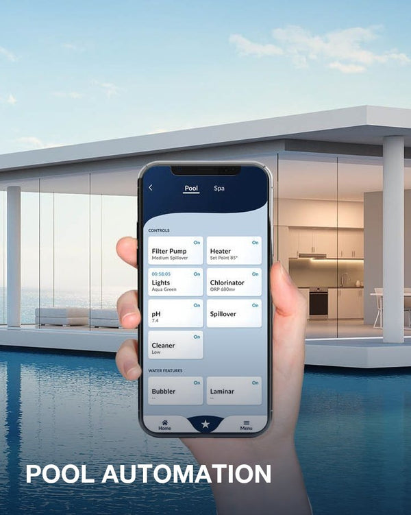 Pool automation: the Hayward app on a phone held up in front of an infinity pool