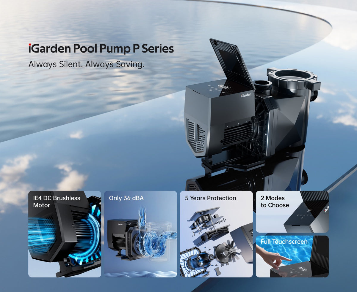 iGarden Pool Pump P Series. Always silent. Always saving. The pump beside an infinity pool, with five features: IE4 DC brushless motor, only 36 dBA, 5 years protection, 2 modes to choose, full touchscreen.