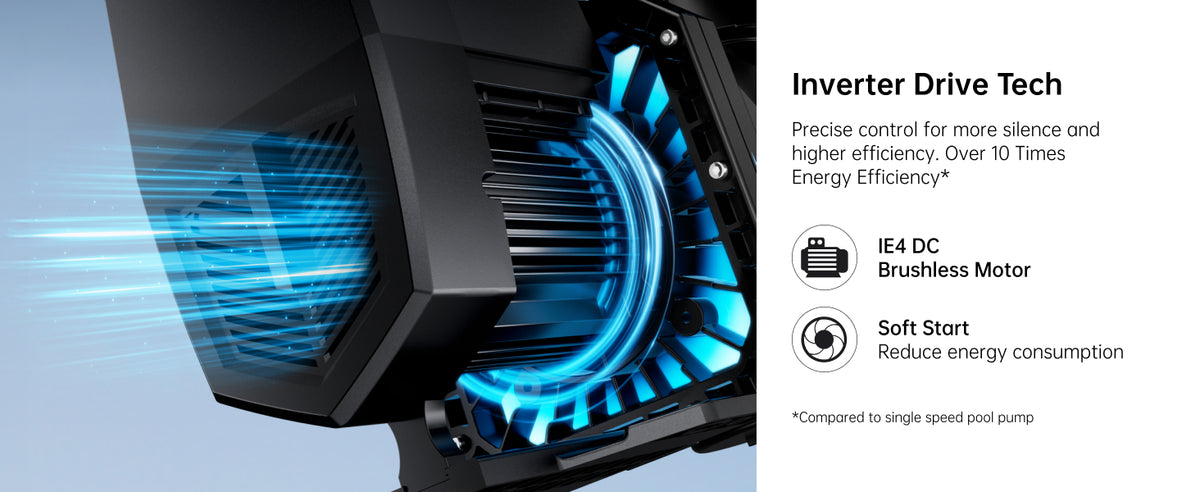 Inverter drive tech: precise control for more silence and higher efficiency, over 10 times energy efficiency compared to a single speed pool pump. IE4 DC brushless motor. Soft start reduces energy consumption.