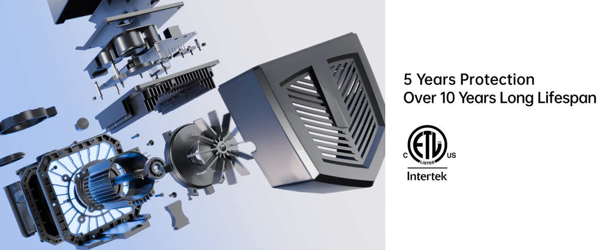 5 years protection, over 10 years long lifespan: an exploded view of the pump. ETL listed, Intertek.