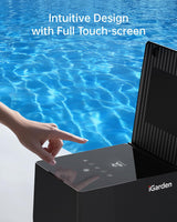 Intuitive design with full touchscreen: a finger on the iGarden P Series control panel beside a pool