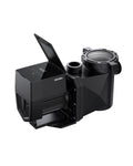 iGarden P Series variable speed inverter pool pump, black, with the touchscreen lid open