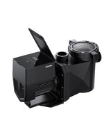 iGarden P Series variable speed inverter pool pump, black, with the touchscreen lid open