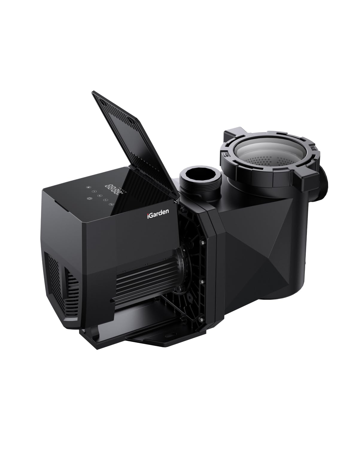 iGarden P Series variable speed inverter pool pump, black, with the touchscreen lid open