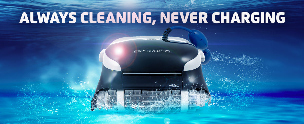 Always cleaning, never charging. The Dolphin Explorer E25 robotic pool cleaner in the water.