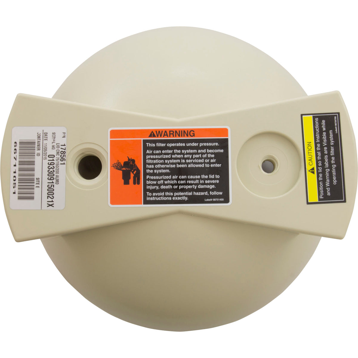 Pentair 178561 almond filter lid, third view