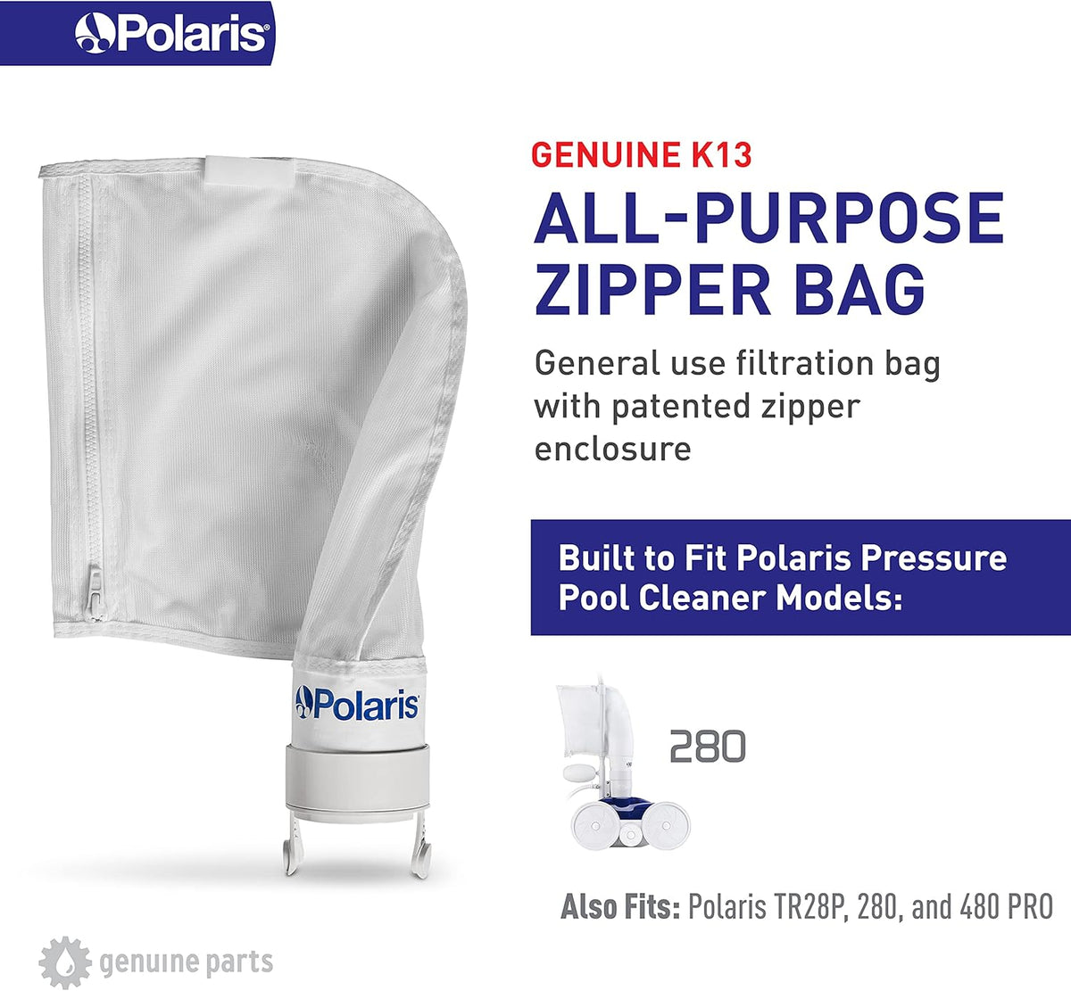 Polaris K13 bag bottom opening with dog-ear clips