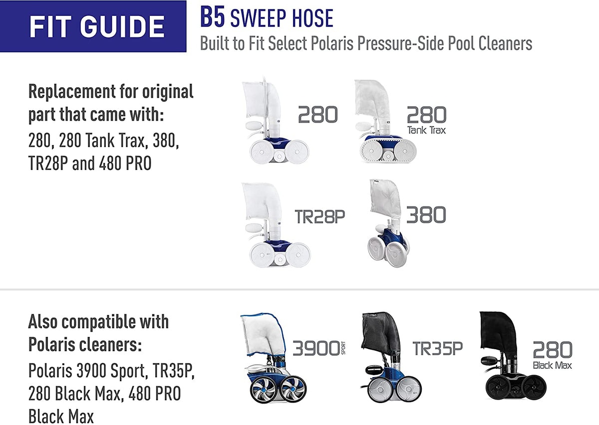 Polaris B5 sweep hose tail, white hose with blue wear rings