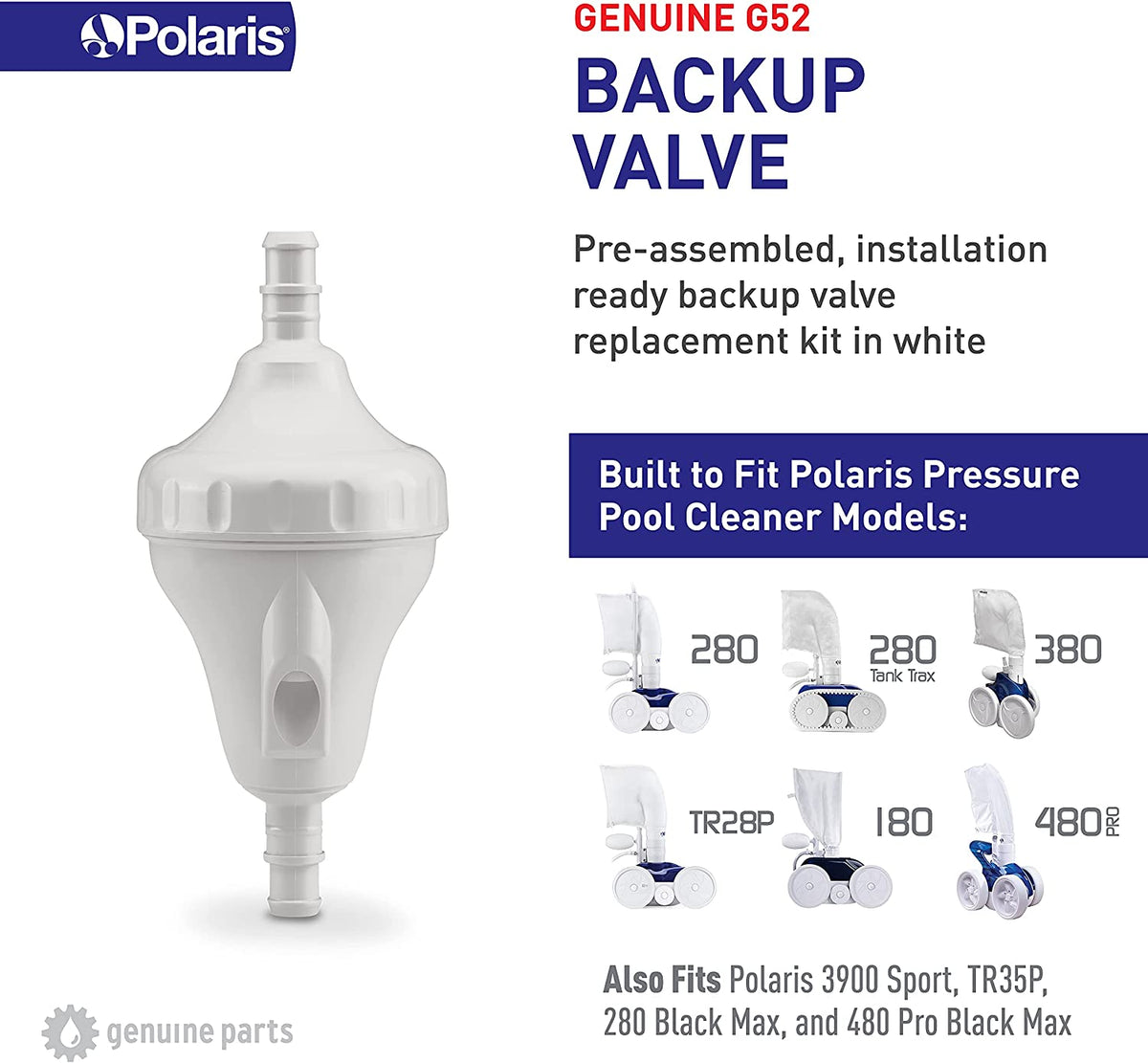 Polaris G52 back-up valve, side view showing the hose barbs