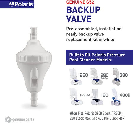 Polaris G52 back-up valve, side view showing the hose barbs