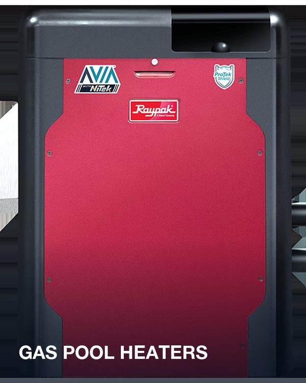 Gas pool heaters: a red and black Raypak AVIA heater